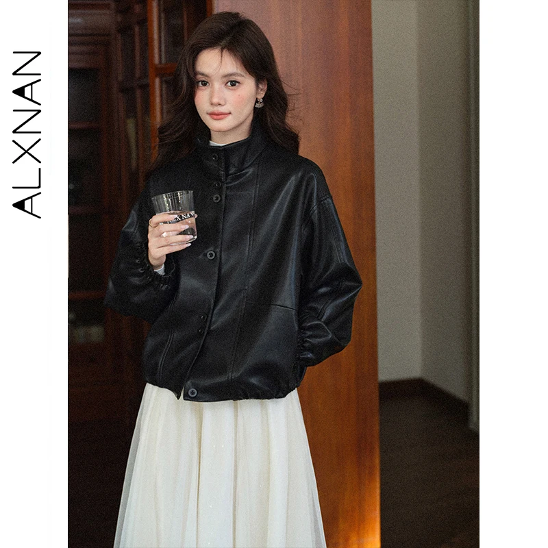 

ALXNAN Black Women's Leather Jacket 2025 Fall Winter Short Casual Loose-fit Jackets Elegant Drop-shoulder Coats Female L57938