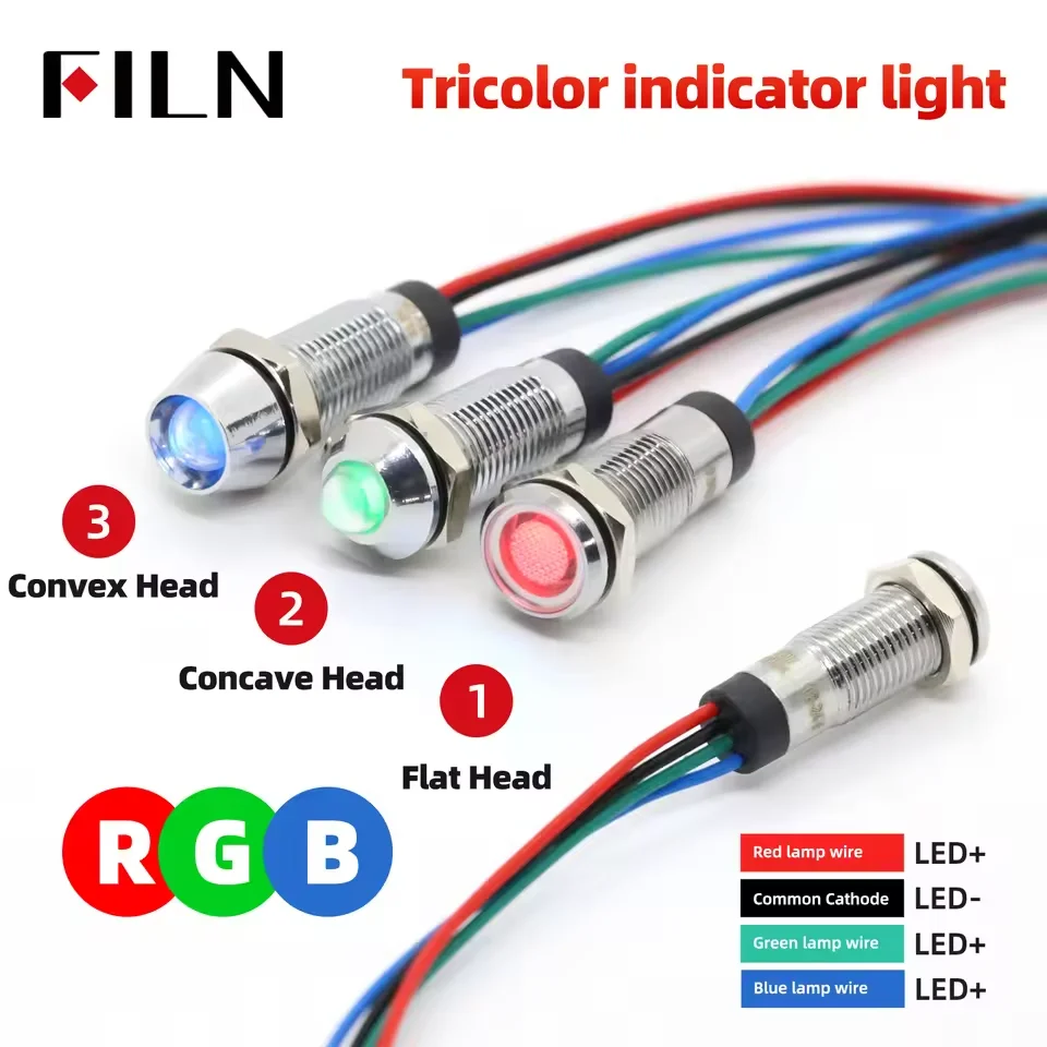 FILN 8mm bicolor tricolor Red Green Blue Yellow 12V 24V Metal Indicator Light led indicator light with 20cm cable