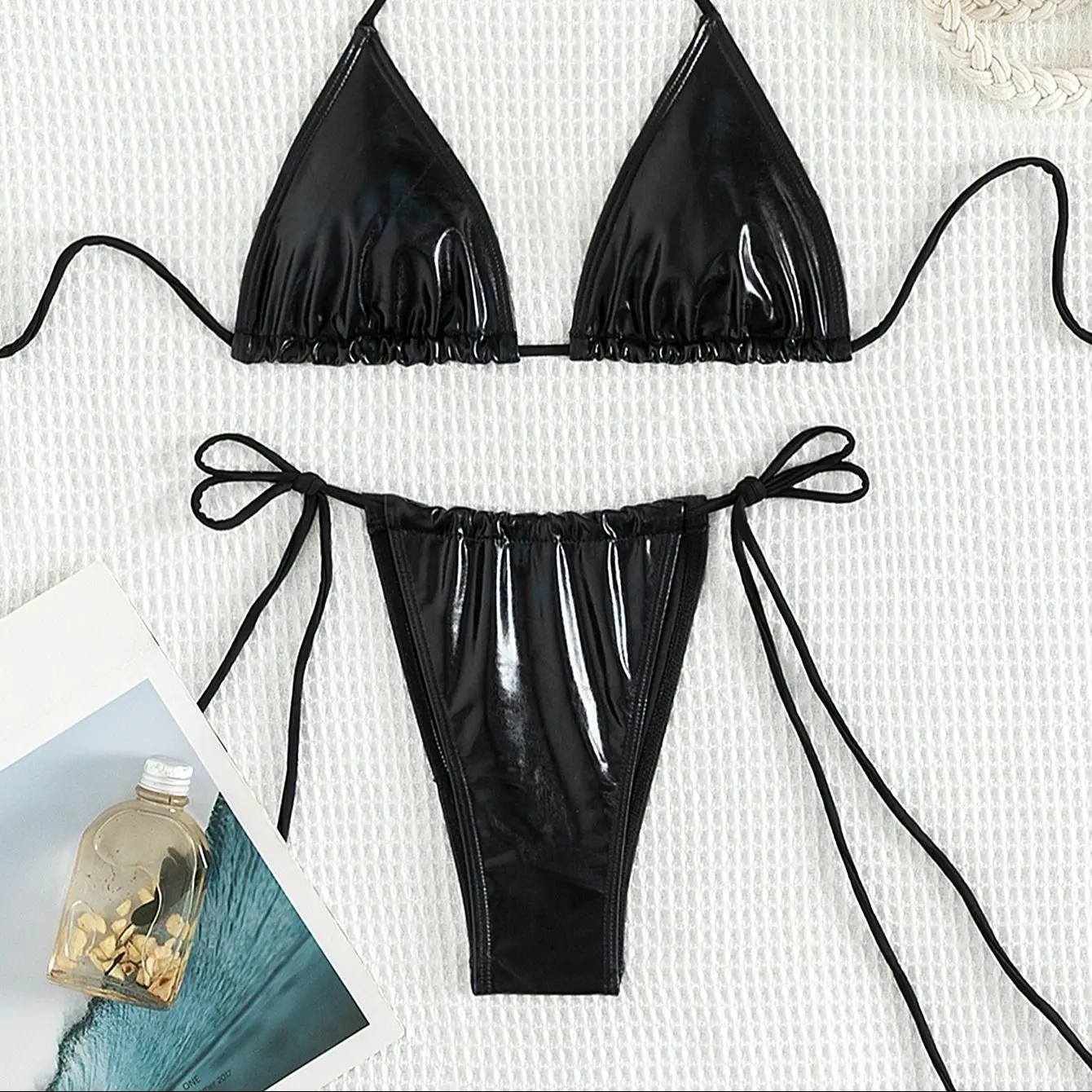 Ladies cool Bikini set Leather black Swimwear Female neck straps beach wear low waist briefs women suit