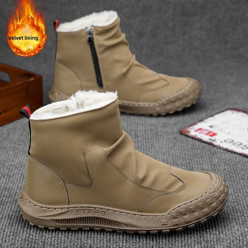 

Mens High Top Leather Boots Plush Warm Ankle Boots Outdoors Non-slip Trainers Walkingoafers Boots Trend Waterproof Cotton Shoes