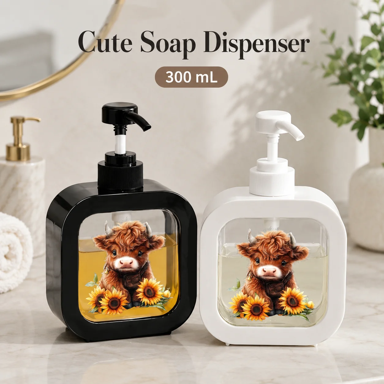 300ml Highland Cow Soap Dispenser Cute Sunflower Pump Bottle Refillable Lotion Shampoo Container for Bathroom Kitchen