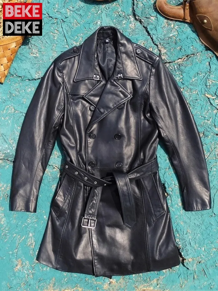 

Mens Genuine Leather Windbreaker Jacket High Quality Business Casual Medium Long Double Breasted Slim Fit Sashes Cowhide Coat