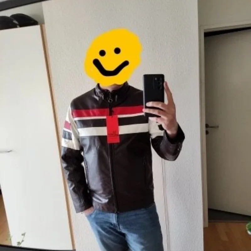 Blouson aviateur en fausse fourrure pour homme, manteau de motard avec fermeture éclair, cuir PU, chaud, noir, rouge, marron, sourire, pilote, moto,