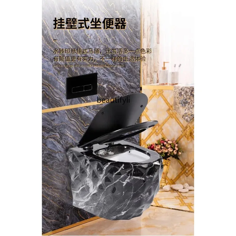 b73 مرحاض أسود مثبت على الحائط شقة صغيرة مرحاض أزرق ملون معلق خزان مياه مخفي #3