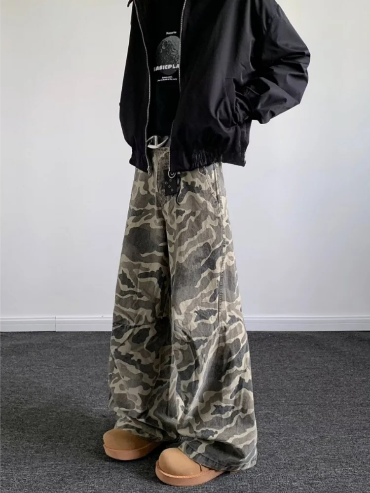 

Spring Autumn Camouflage Pants Men's American High Street Cleanfit Straight Loose Wide Leg Pants Drape Casual Long Pants