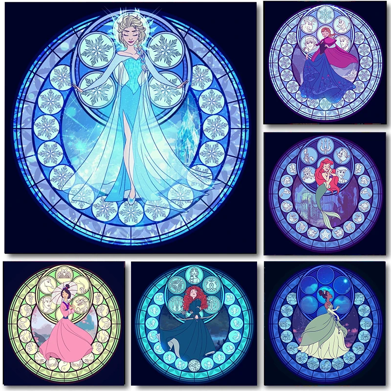 

Disney Princess In The Diamond Window Poster Prints Cartoon Mermaid Mulan Cinderella Lisa Canvas Painting Wall Art Home Decor