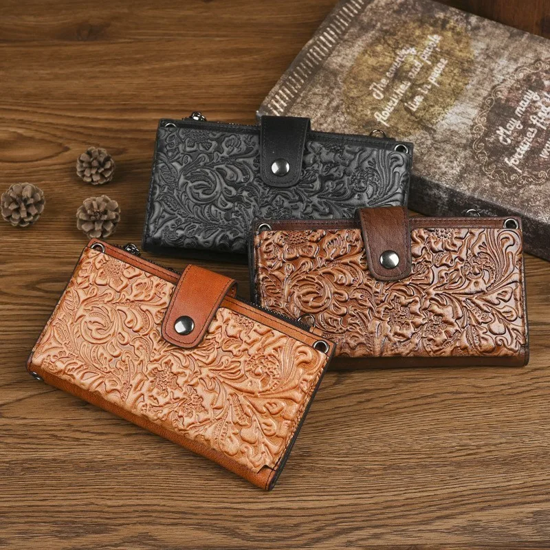 Johnature 2026 New Retro Women's Long Wallet Multifunctional Crossbody Bag Genuine Leather Phone Bag Creative Shoulder Bag