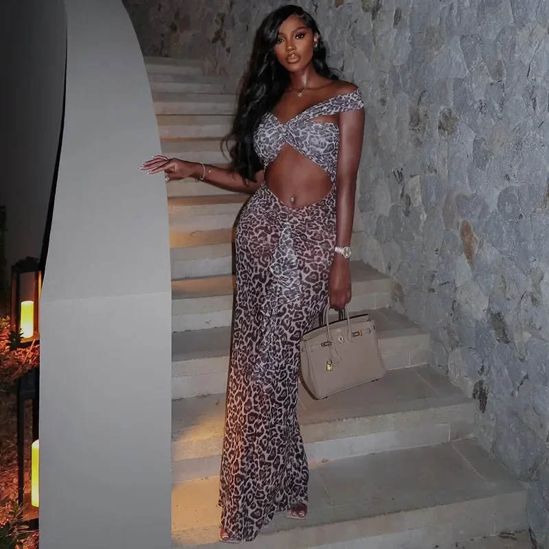 Damen-Kleid mit Leopardenmuster, Ausschnitt vorne, gerüscht, figurbetont, Midi-Maxi-langes Kleid, 2025, Sommer, Geburtstag, Urlaub, sexy Partykleider