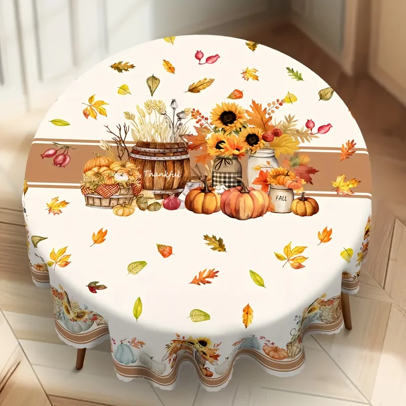 One rectangular circular tablecloth, Thanksgiving tablecloth, pumpkin maple leaf vase decoration table