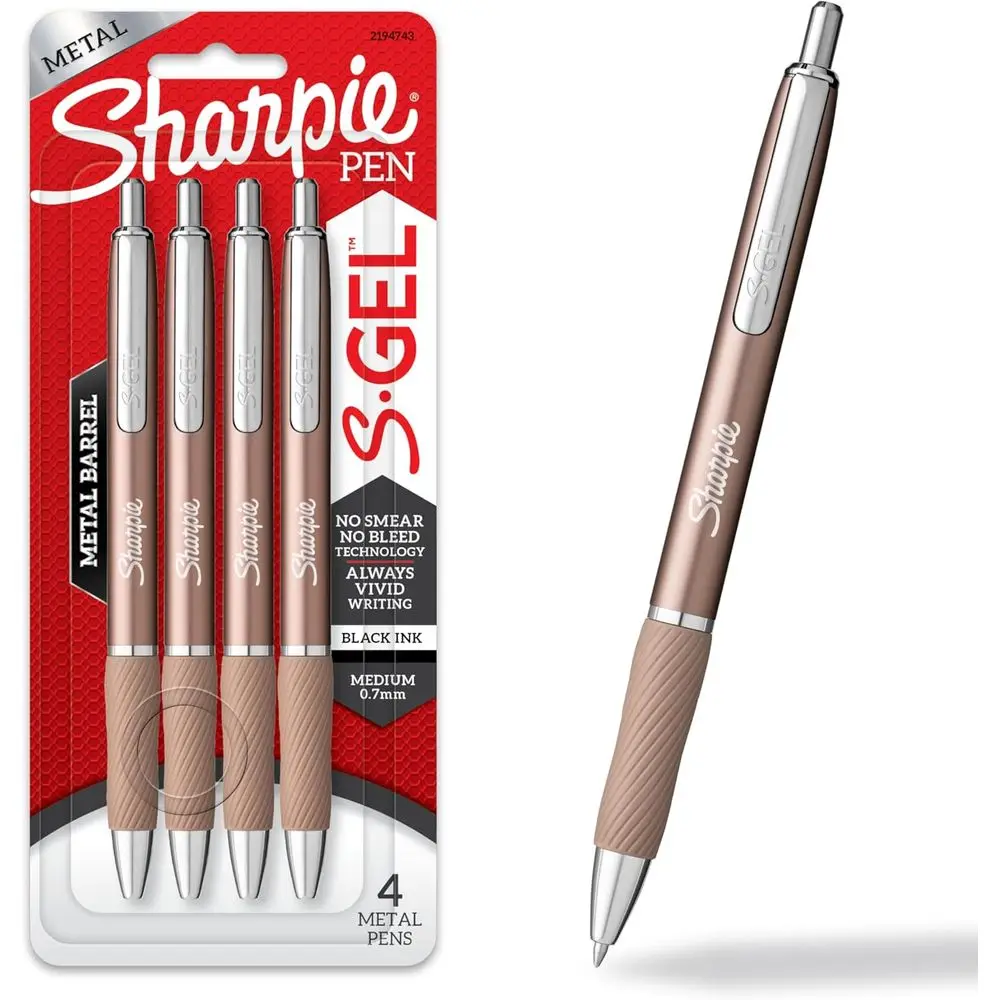 

S-Gel Gel Pens Sleek Metal Barrel Champagne Medium Point (0.7mm) Black Ink 4 Count