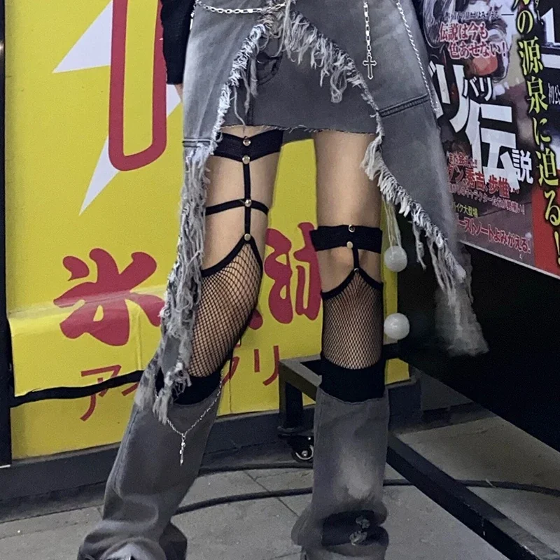 Medias de red góticas oscuras y largas para mujer, medias de malla Kawaii Harajuku Emo Alt, lencería de piel hasta el muslo, ligas hasta la rodilla, medias