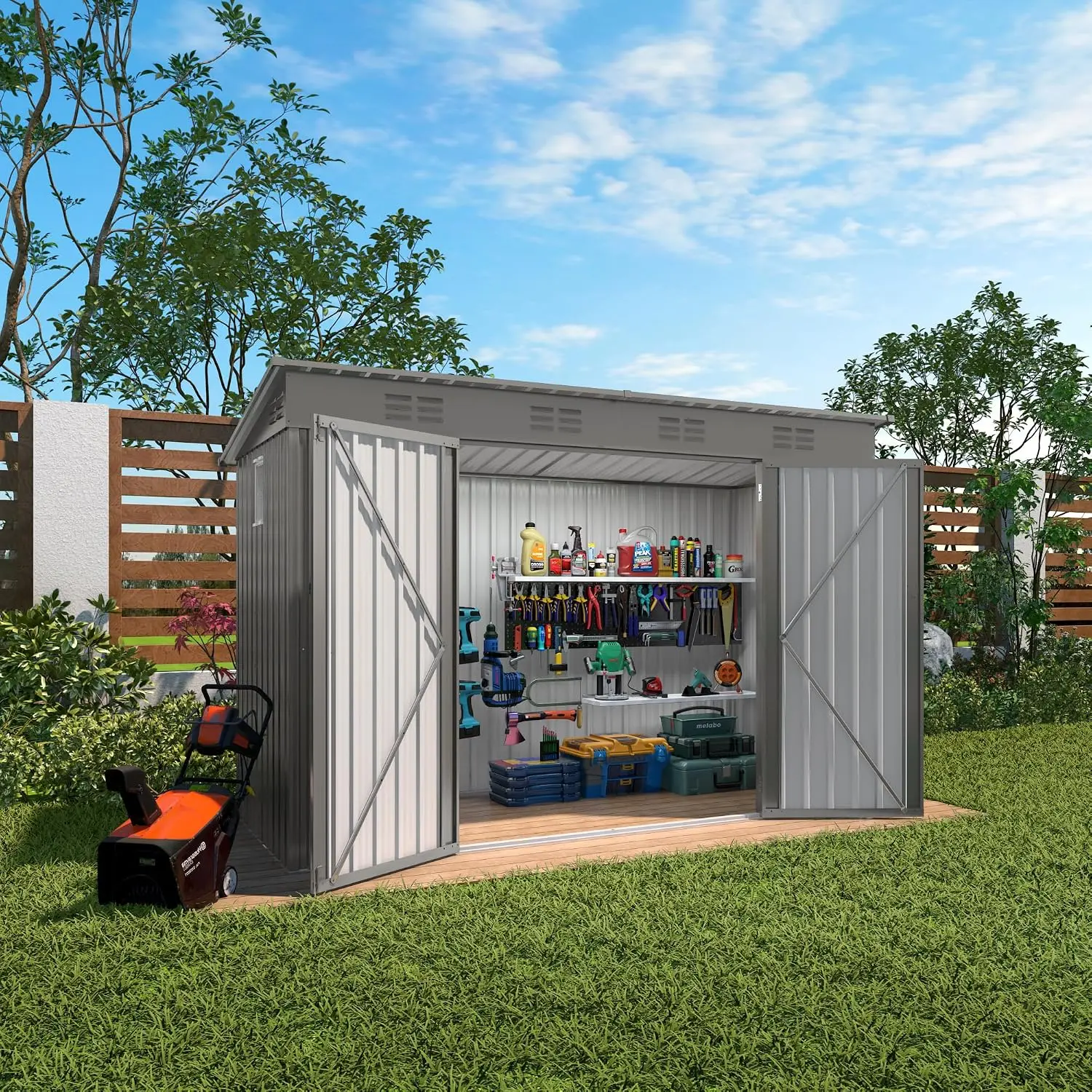 4 * 9.2 * 6 FT Outdoor Storage Shed, Galvanized Steel Garden Shed with Lockable Door & Window, Waterproof Metal Tool Storage