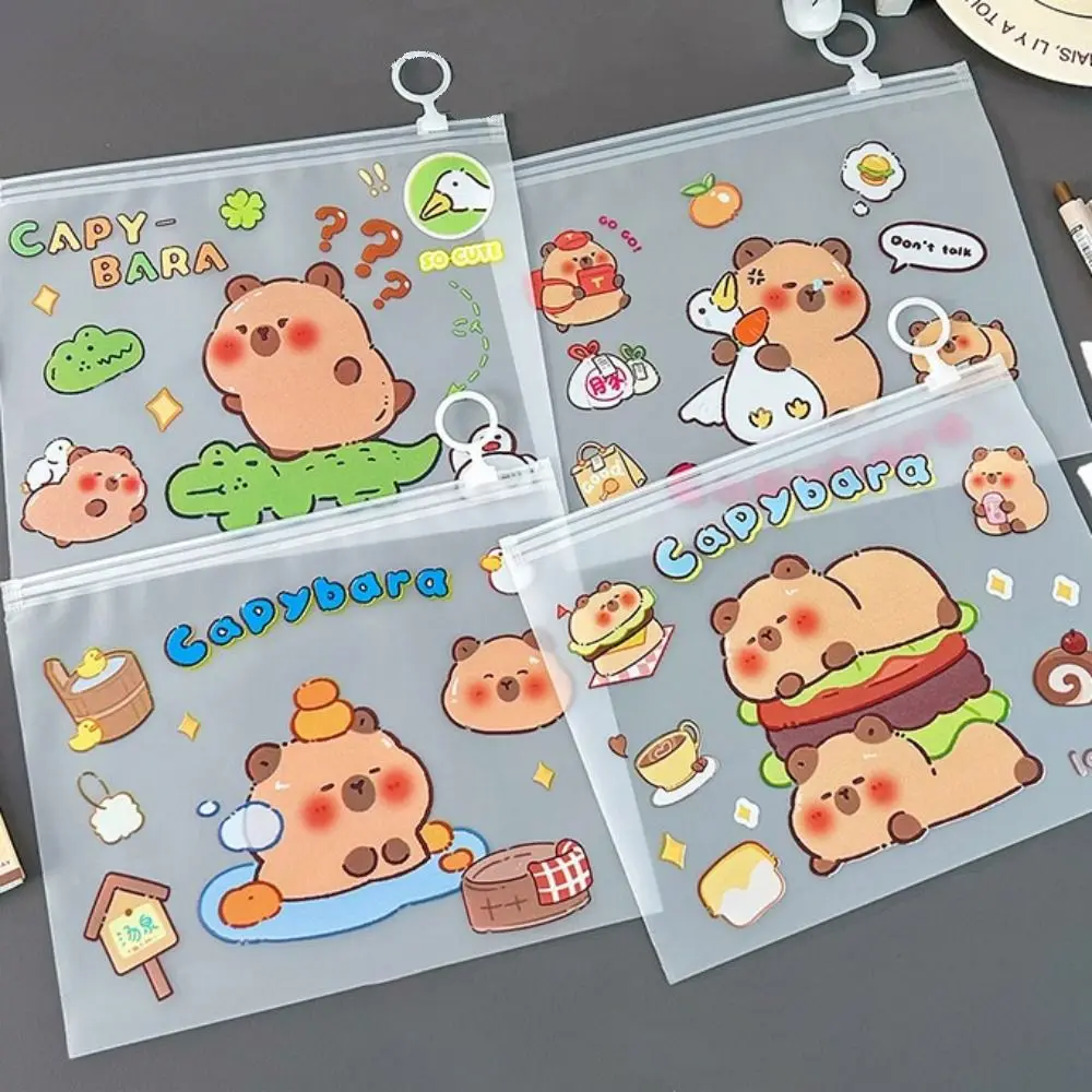 New PVC Capybara File Bag Cute Cartoon Transparent Test Paper Storage Pouch Portable Large Opening Zip File Bag Student