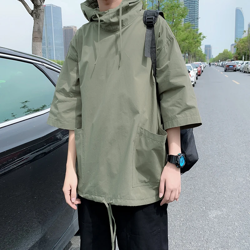 Japan Style Men's Hoodies Handsome Streetwear Short Sleeve Hooded Sweatshirts Men Casual Harajuku Pocket Men Clothing Hoodies