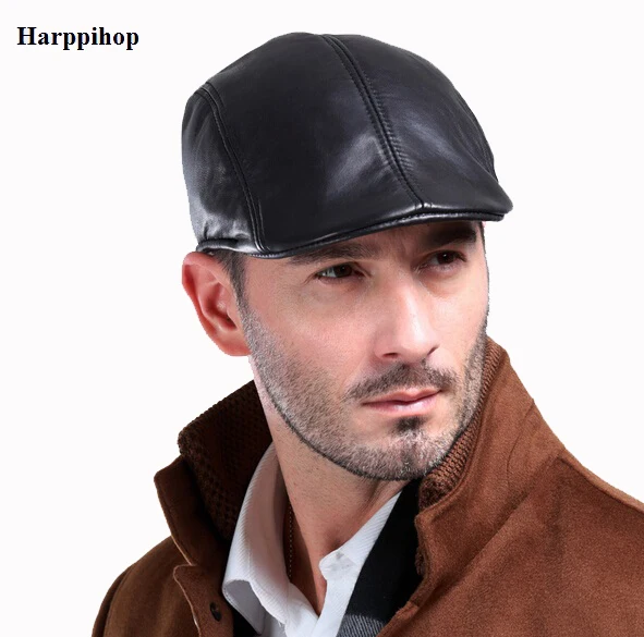 Harppihop fur  New Design Men's 100% Genuine Leather Cap /Newsboy /Beret /Cabbie Hat/ Golf Hat  sheepskin caps