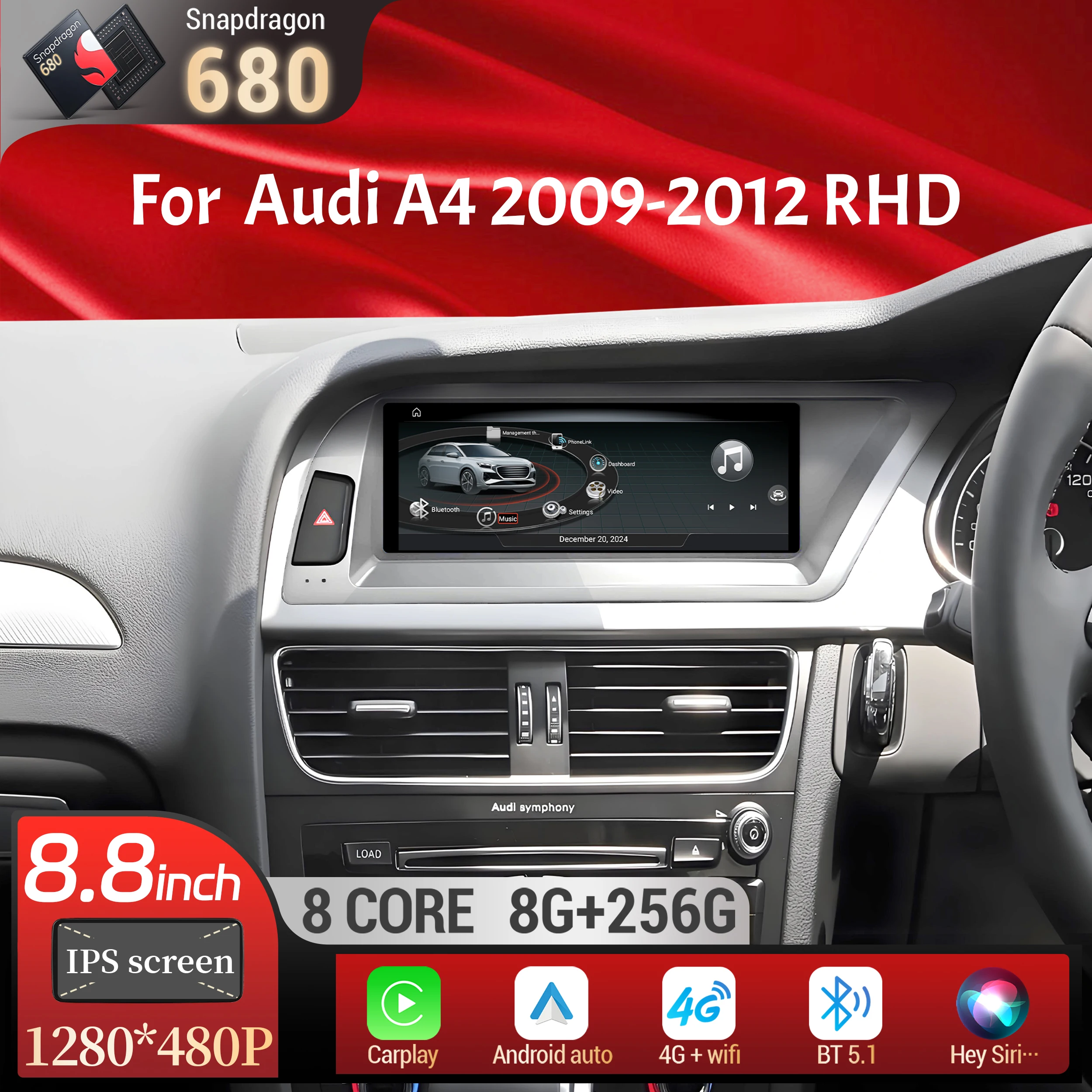 

8.8 inch Right Hand Drive Android 13 For Audi A4 2009-2012 Car Radio Wireless Carplay Head Unit Qualcomm Snapdragon 680 Screen