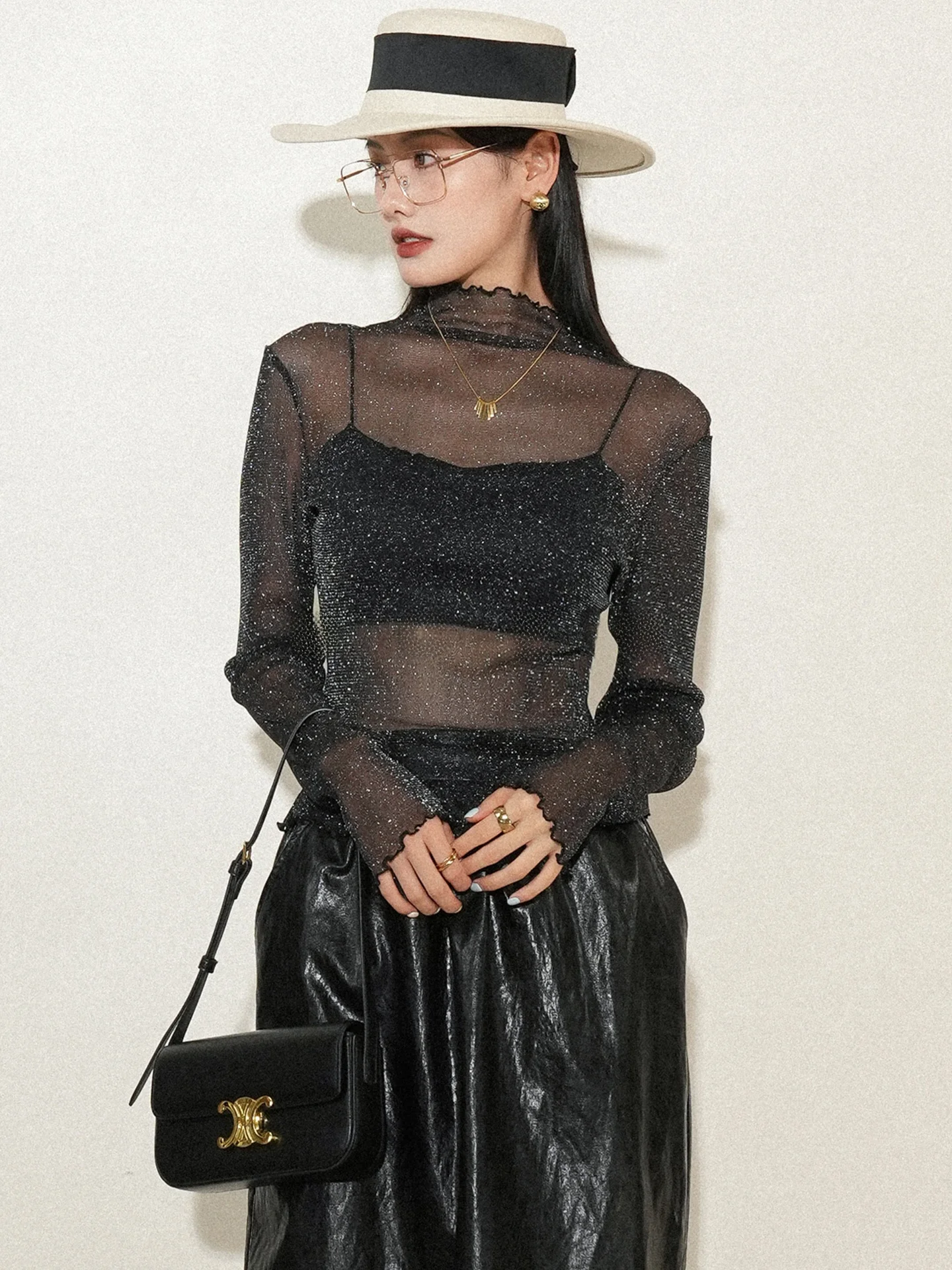 

Ele Bling Bling Semi-Transparent Long Sve f High Collar Women's Base irt Spring Autumn QCEO Fine Flaing