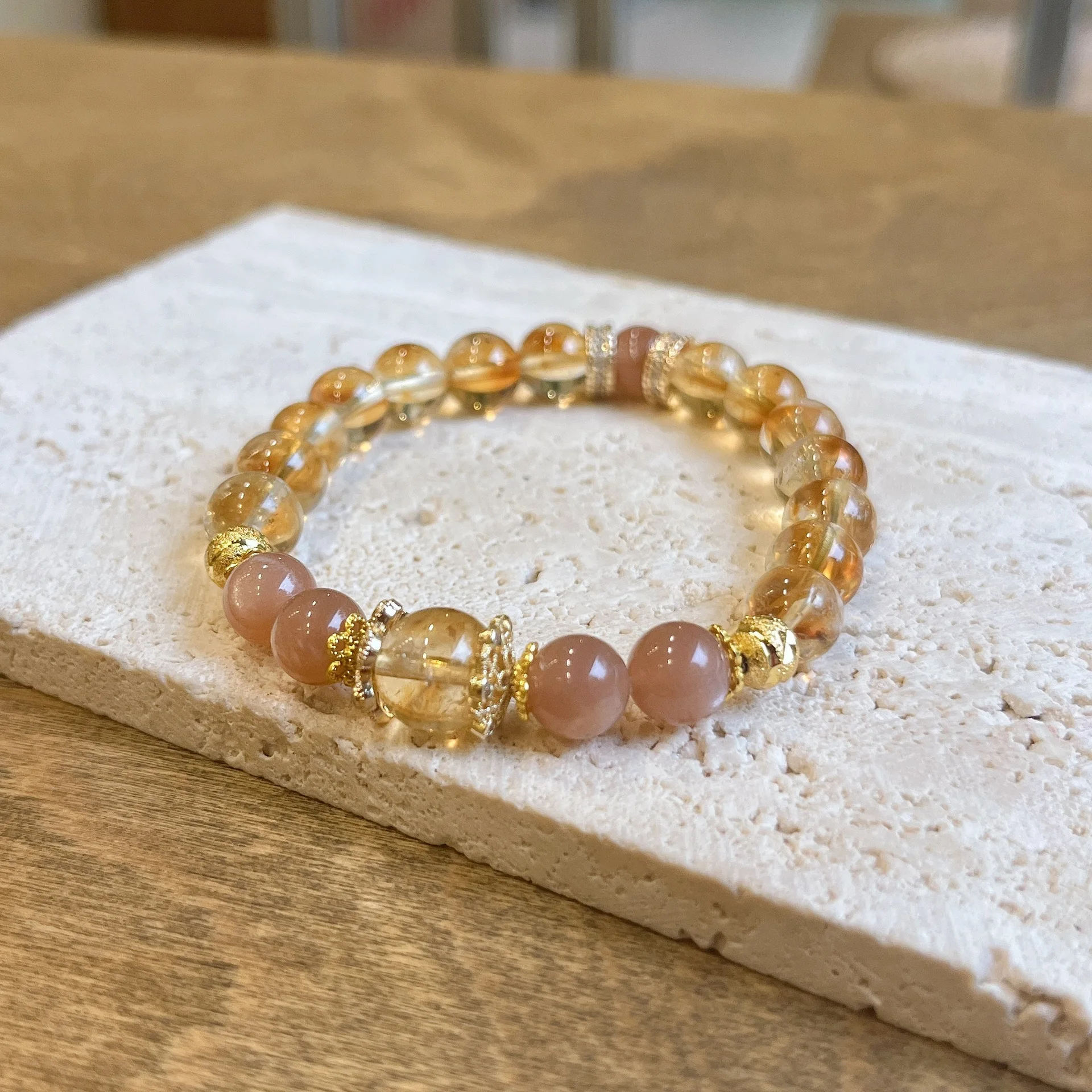 Chinese Style Lucky Good Fortune Blessing 8mm Natural Citrine Sunstone Orange Moonstone Beaded Bracelet For Women Light Luxury