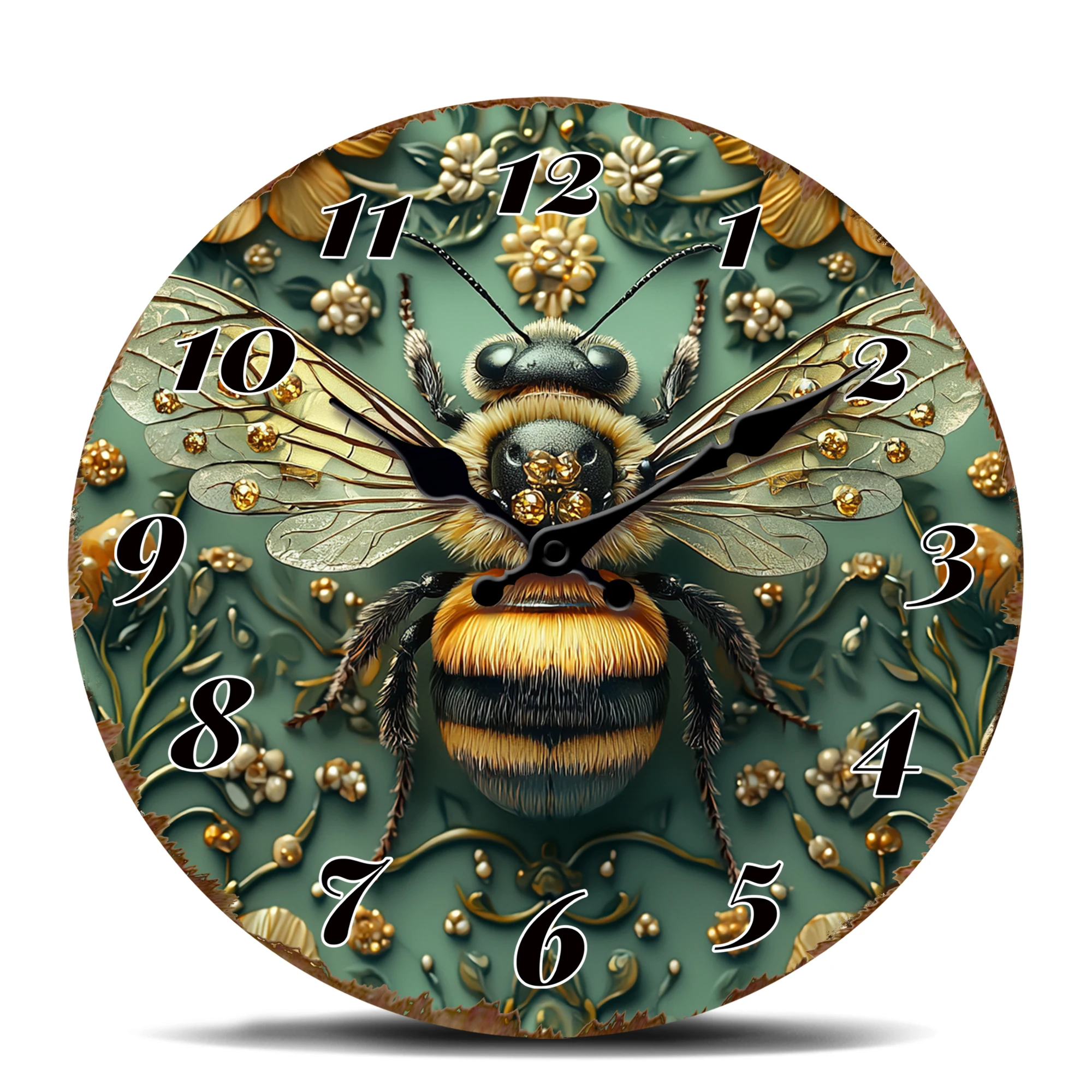 Detailed Bee with Floral Background Wall Clock - Nature Inspired Decorative Timepiece - Intricate Insect Theme Hanging Clock for