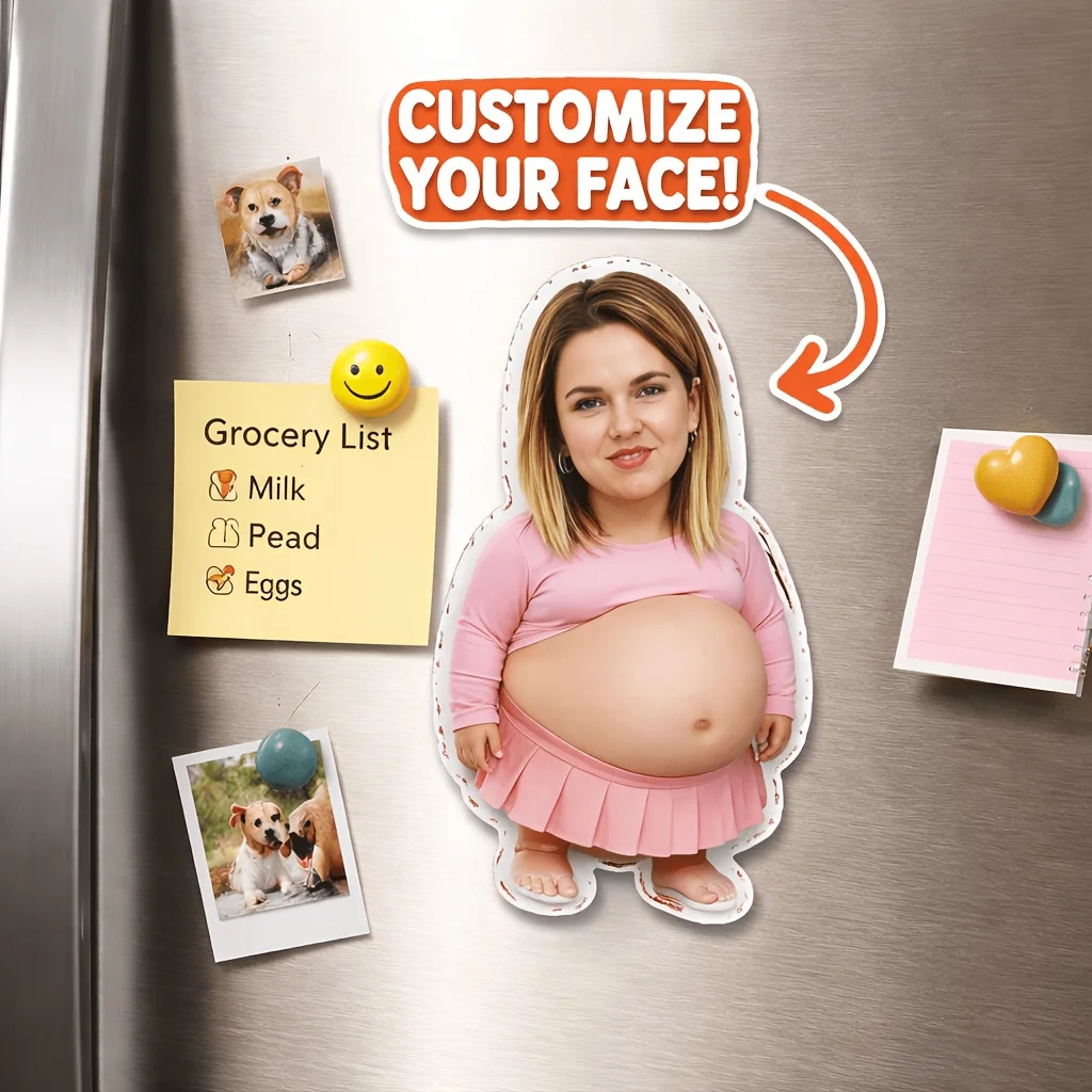 Customized girl face pinching belly refrigerator sticker, upload photo, pink pleated skirt, women's humanoid refrigerator decora