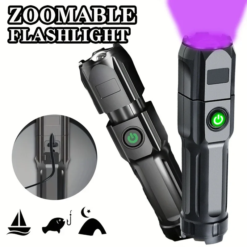 

White and UV Flashlight Dual Types USB Rechargeable Mini Tactical Torch Zoomable Portable Outdoor Emergency Light Camping Gear