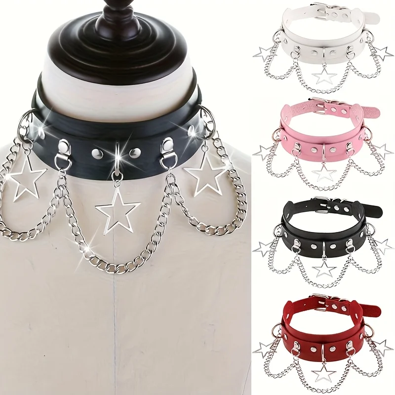 Gothic Punk Choker Necklace with Star Pendants, Faux Leather, Unisex Accessory for Daily Wear, Parties, Valentine'S Day