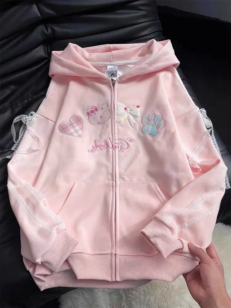 Harajuku Hochwertige Stickerei Hoodie Jacke Süße Süße Katze Cartoon Sweatshirts Mantel Oversize Lolita Y2k Mädchen Kawaii Japanisch