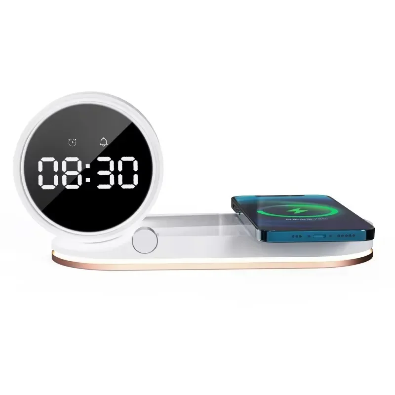 Hot selling product 3 in 1 Wireless Charging Night Light Alarm Clock Mobile Charger Portable Earphones 15W Wireless Charger