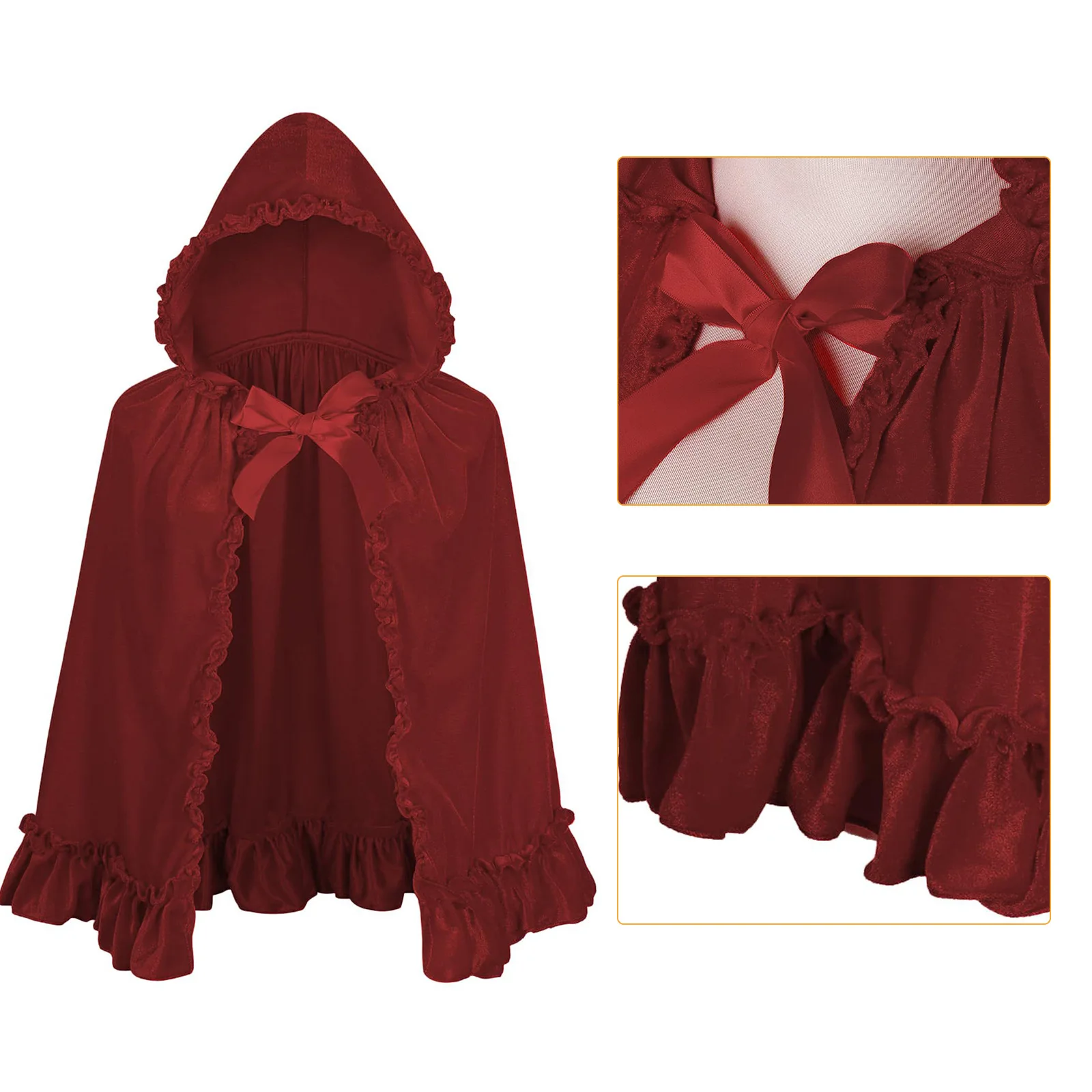 

Halloween Short Red Velvet Strap Shawl With Hood And Lace Cape Costume Role Playing Mysterious Stage Performance Clothing Outfit