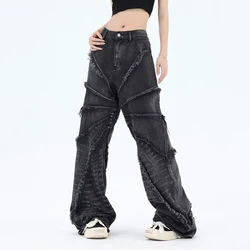 HOUZHOU Y2K Punk Black American Street Rock Retro High Waist Oversized Jeans Women Raw Edge Washed Darkwear Wide Leg Trousers