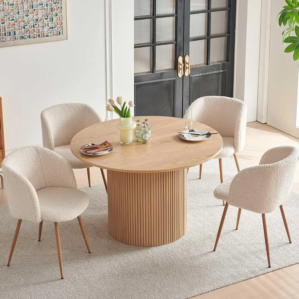

Round Wooden Dining Set with 4 Barrel Chairs, 47-Inch Table, White Upholstered Sherpa, Oak Finish