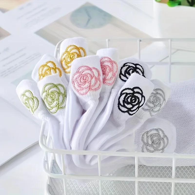 

5-Pair Summer Camellia Ankle Socks - Breathable Mesh Socks for Women, Floral Design, Thin & Comfortable