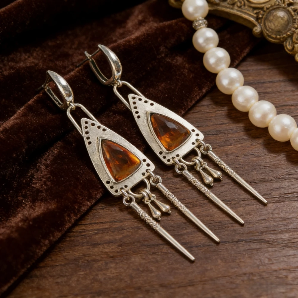 Vintage Bohemian Ethnic Style Triangular Amber Stone Tassel Earrings for Women with Vintage Silver Alloy Inlay Suitable