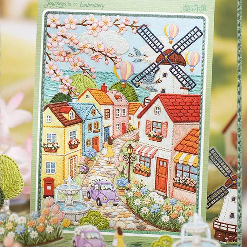 Embroidery style landscape stickers, woven embroidery, travel series, rural town scenery stickers, handmade account, scrapbook,