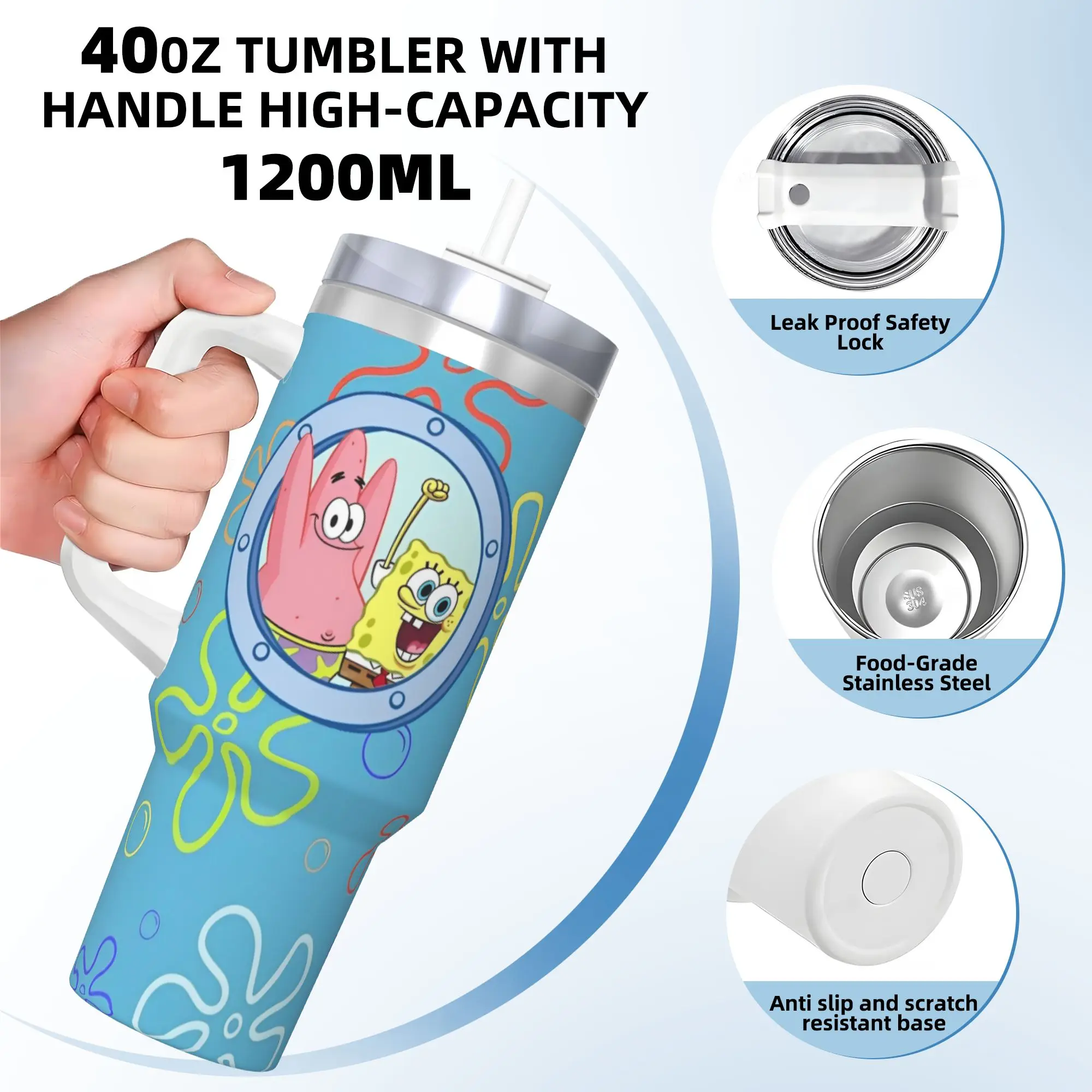 SpongeBob Cartoon Insulated Tumbler with Straws Lid Patrick Star Vacuum Coffee Mugs Office Home Hot Cold Drinks Cup, 40oz