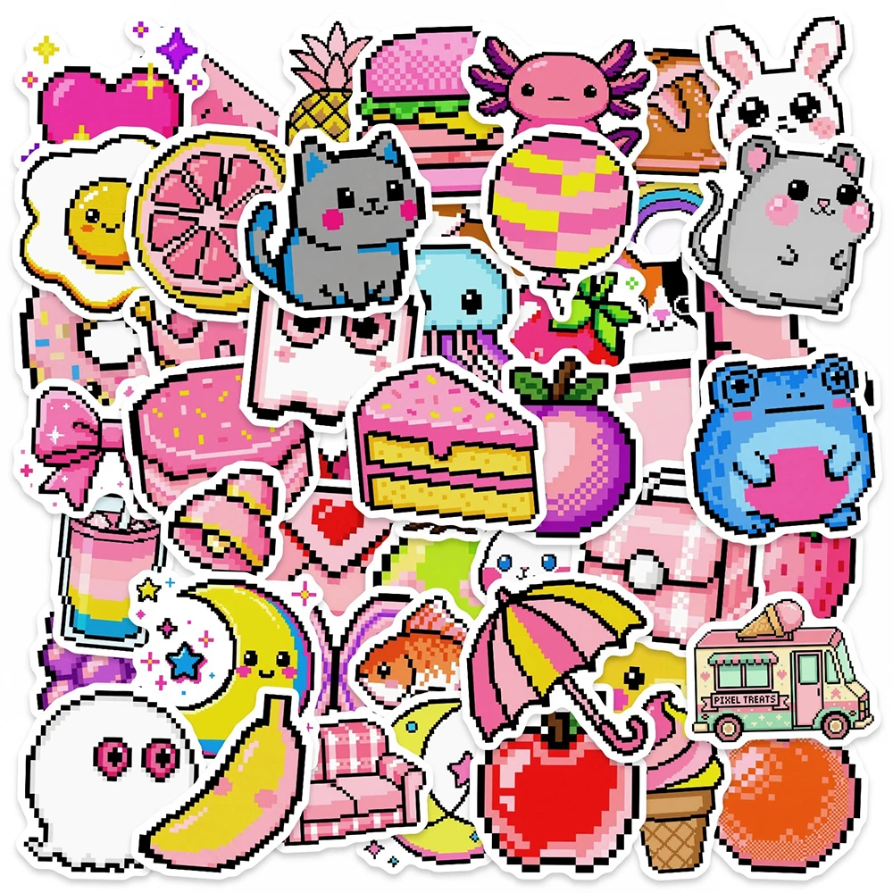 10/30/50 Stück Niedliche Mosaik-Pixel-Stil Tier- und Lebensmittel-Aufkleber Lustige Cartoon-Graffiti-Sticker DIY Koffer Handy Kawaii Aufkleber Spielzeug