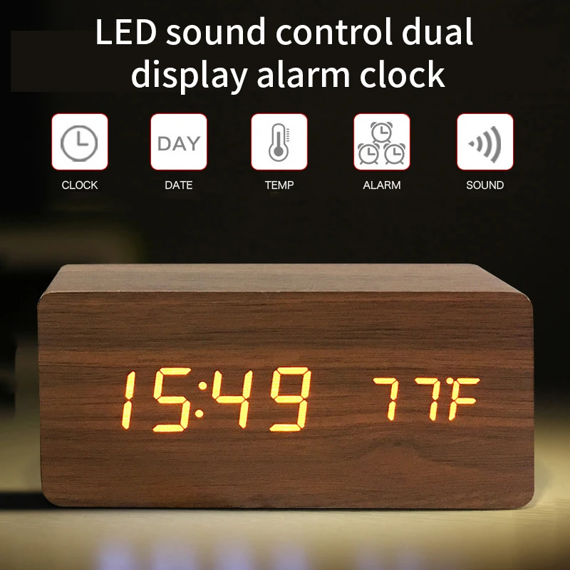 Wooden LED Alarm Clock Multicolor Sound Voice Control Desktop Table Digital Clocks Thermometer USB Wood Despertador staande klok