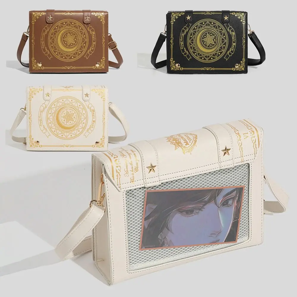 

Star Moon Badge Display Shoulder Bag Transparent Window Magic Book Design Women Messenger Bag PU Girls Ita-bag Lolita