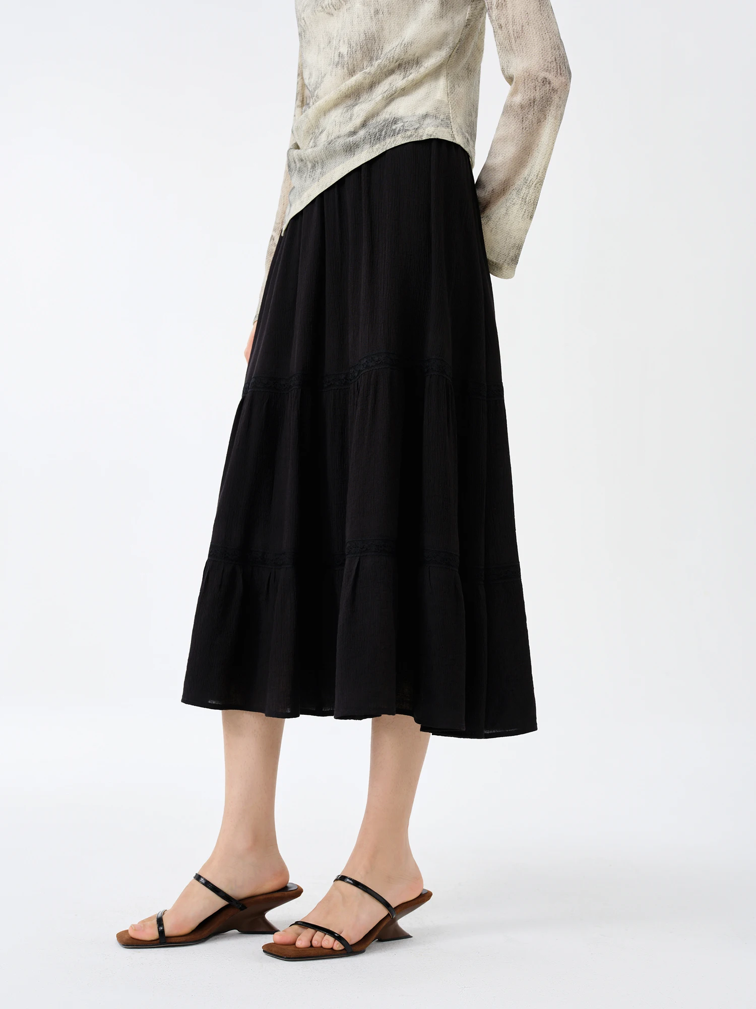 DUSHU【2 Colors】High Waist Drape Women White Cake Skirts Elastic Waist Black A-LINE Commuter Black Autumn Skirt 24DS83127