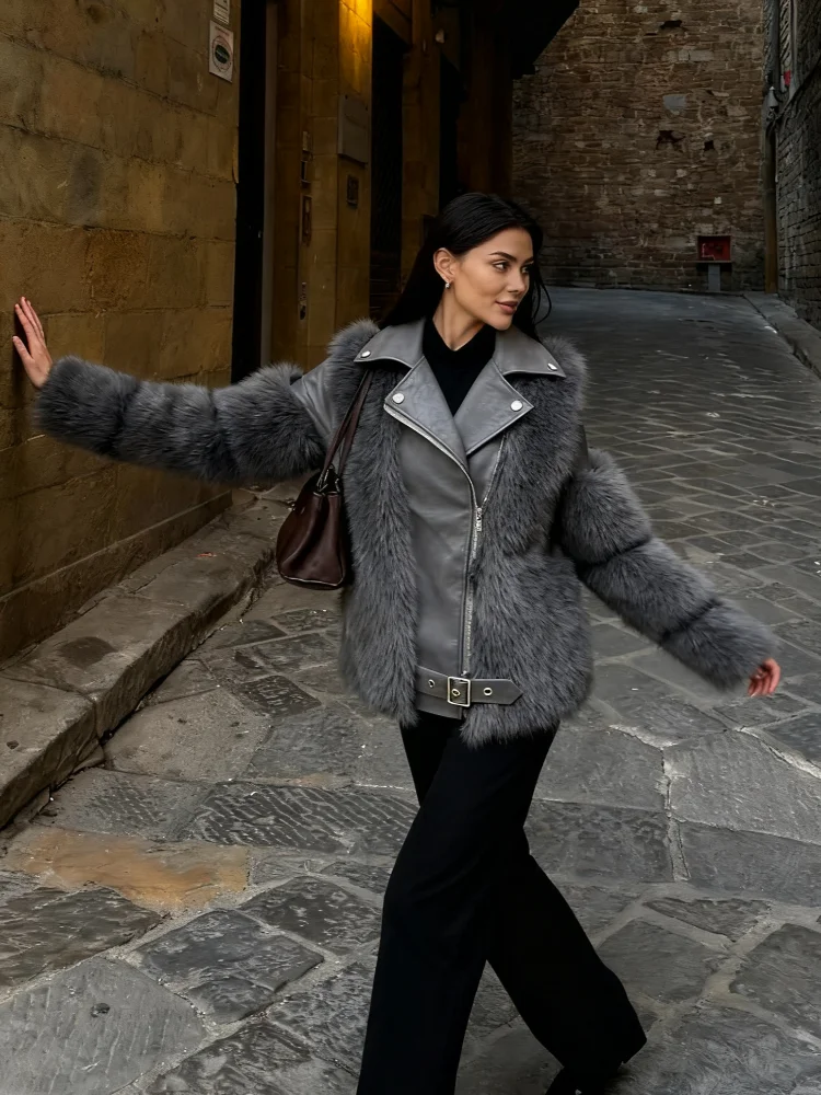 

Кожаная куртка из искусственного меха в стиле пэчворк с лацканами, женская шикарная свободная короткая куртка на молнии с v-образным вырезом, женская зимняя повседневная уличная верхняя одежда