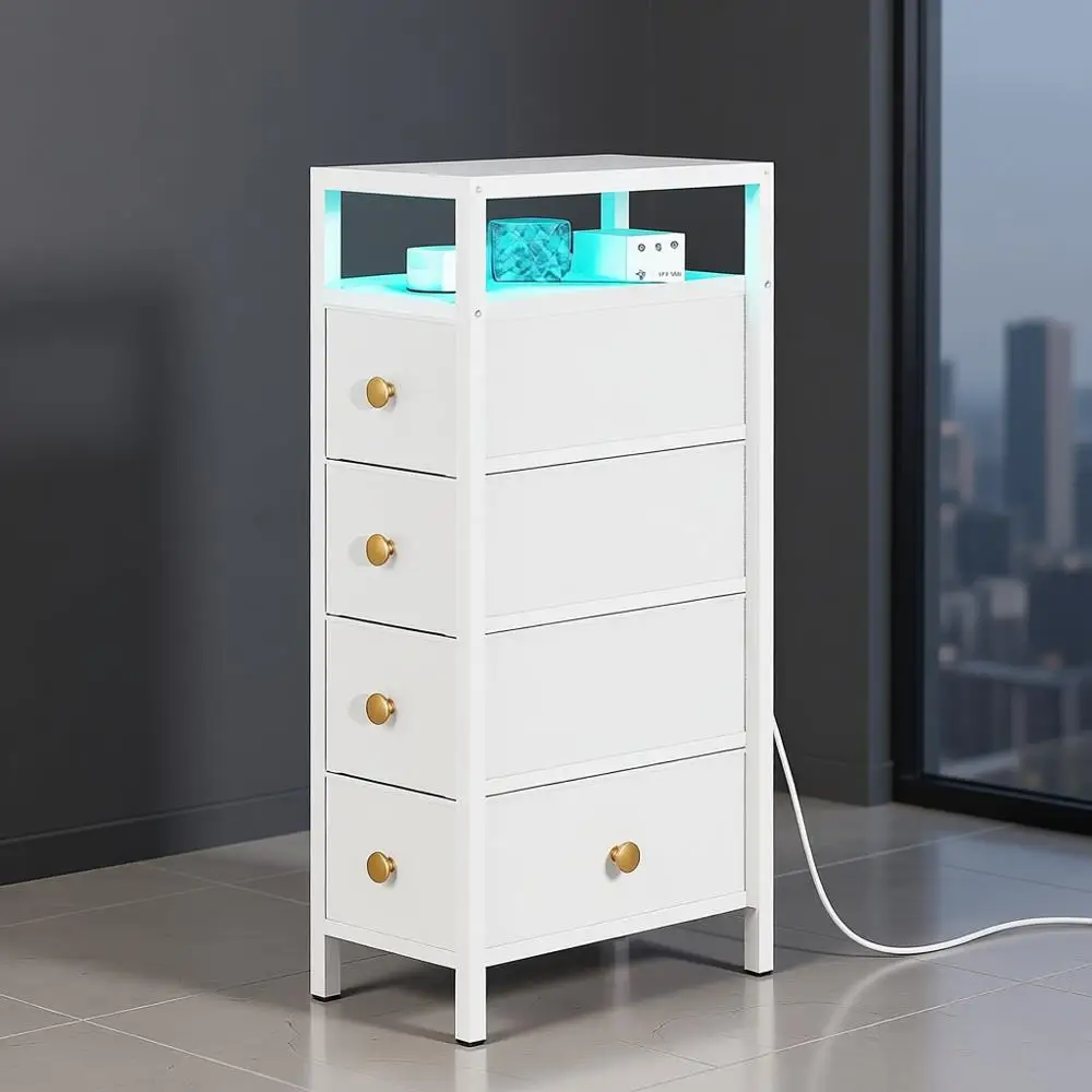 

LED Narrow Nightstand with Charging Station - Slim Dresser for Bedroom Narrow Side Table Storage Cabinet, Small Dressers Chest o