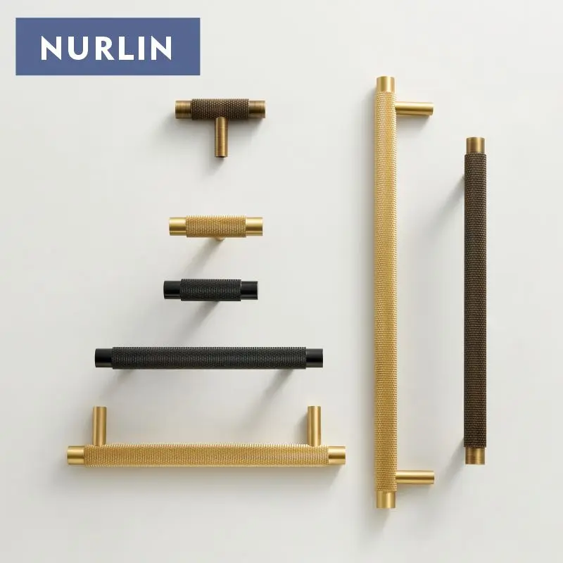 Nurlin Möbelgriffe aus massivem Messing, modernes gerändeltes Muster, antikes mattes Messing, schwarze Farbe, Schrankknöpfe, T-Stangen-Ziehgriff