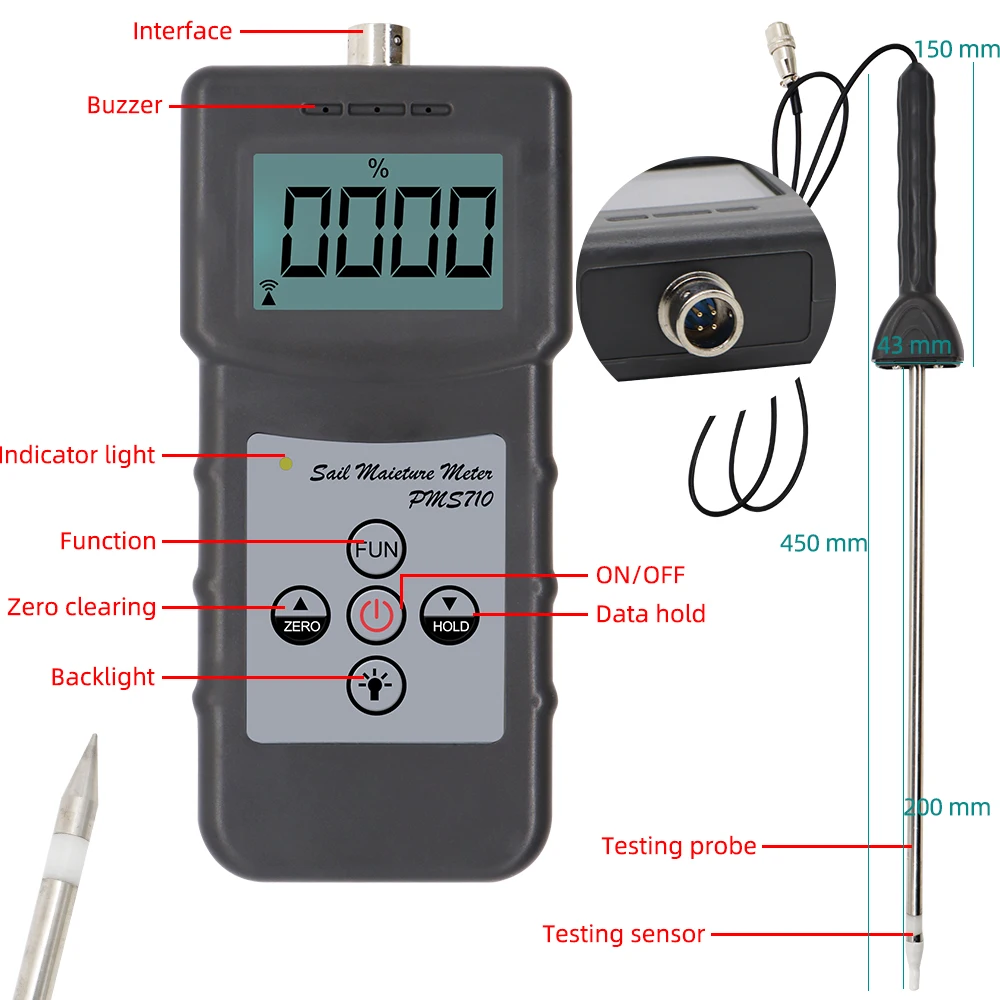 PMS710 Digital Soil Moisture Meter 0-50% High Precision Soil Hygrometer Test River Sand Soil Cement Land Plater Sensor Tool