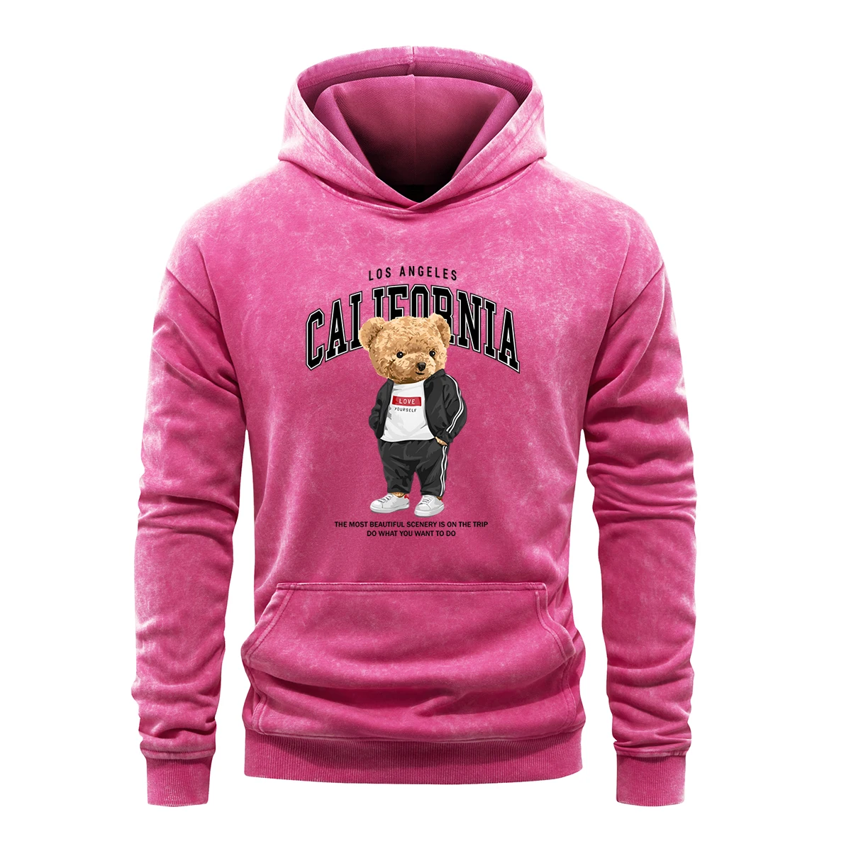 

California Los Angeles Letter Bear Womens Hoodies Retro Washed Hoodie 100% Cotton Sweatshirt Comfortable Sports Shirt Loose Tops