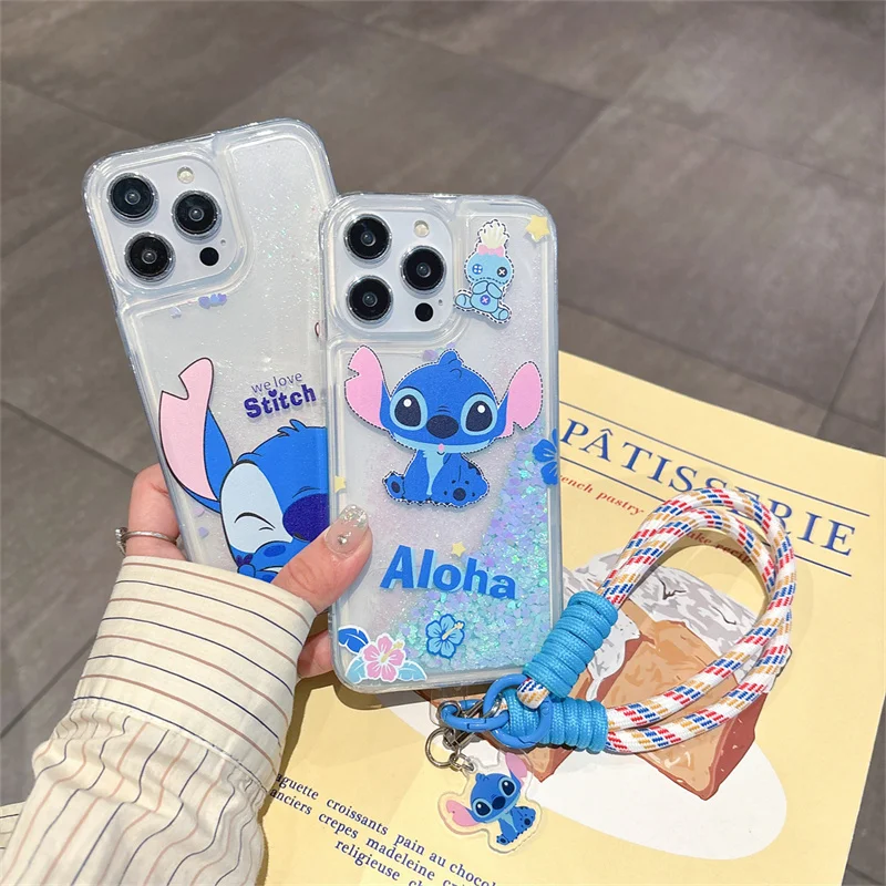 Funny Ghostface Stitch Glitter Quicksand Phone Case For iPhone 11 12 13 14 15 16 Pro Max Cartoon Cute Stitch Baby Lanyard