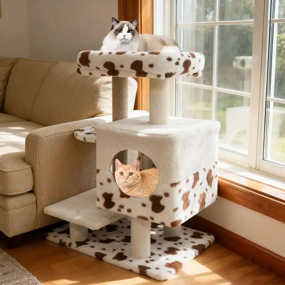 30 Inch Compact Cat Tower with Jute Scratching, 2-Door Condo, Padded Perch, Jumping Platforms, Cow Print Design