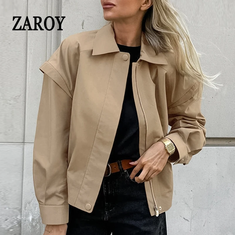 ZAROY Khaki Trench Short Coat Fall Casual Women Bomber Jacket Elegant Lapel Commute Outwear Streetwear Chaquetas De Mujer Veste
