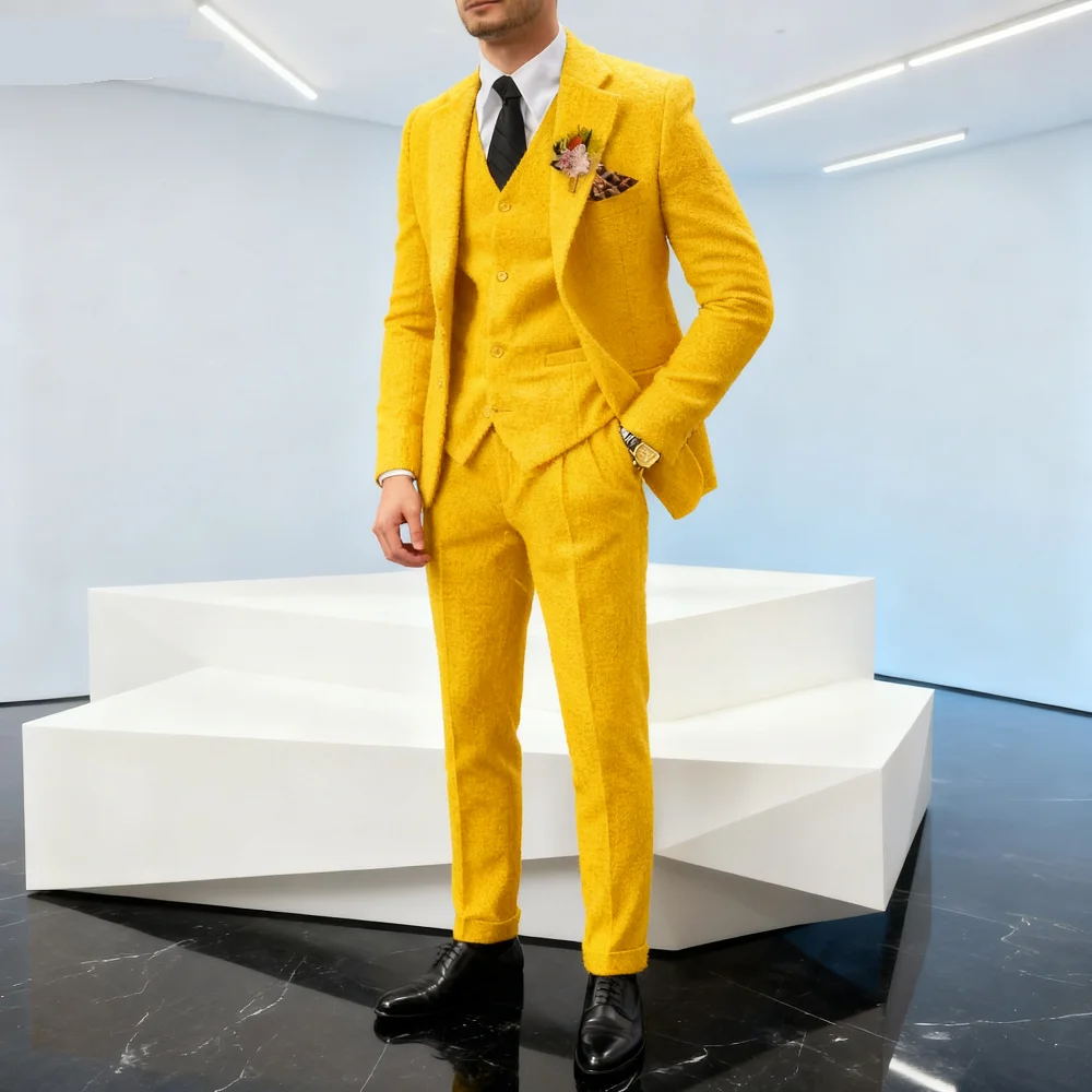 

Men's Wedding Tuxedo in Brown Tweed 3-Piece Fishbone Smoking Suit with Notched Lapel Business Tweed Aesthetic Tailored Fit