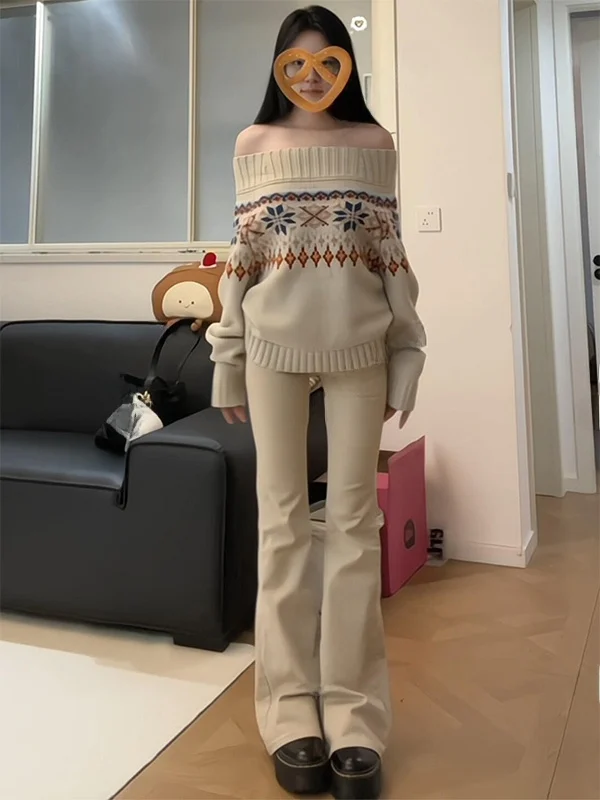 

Ретро-свитер в корейском стиле с узором Fair Isle, с открытыми плечами, свободного кроя, осенне-зимний, женский, модный, для повседневной носки, с длинными рукавами