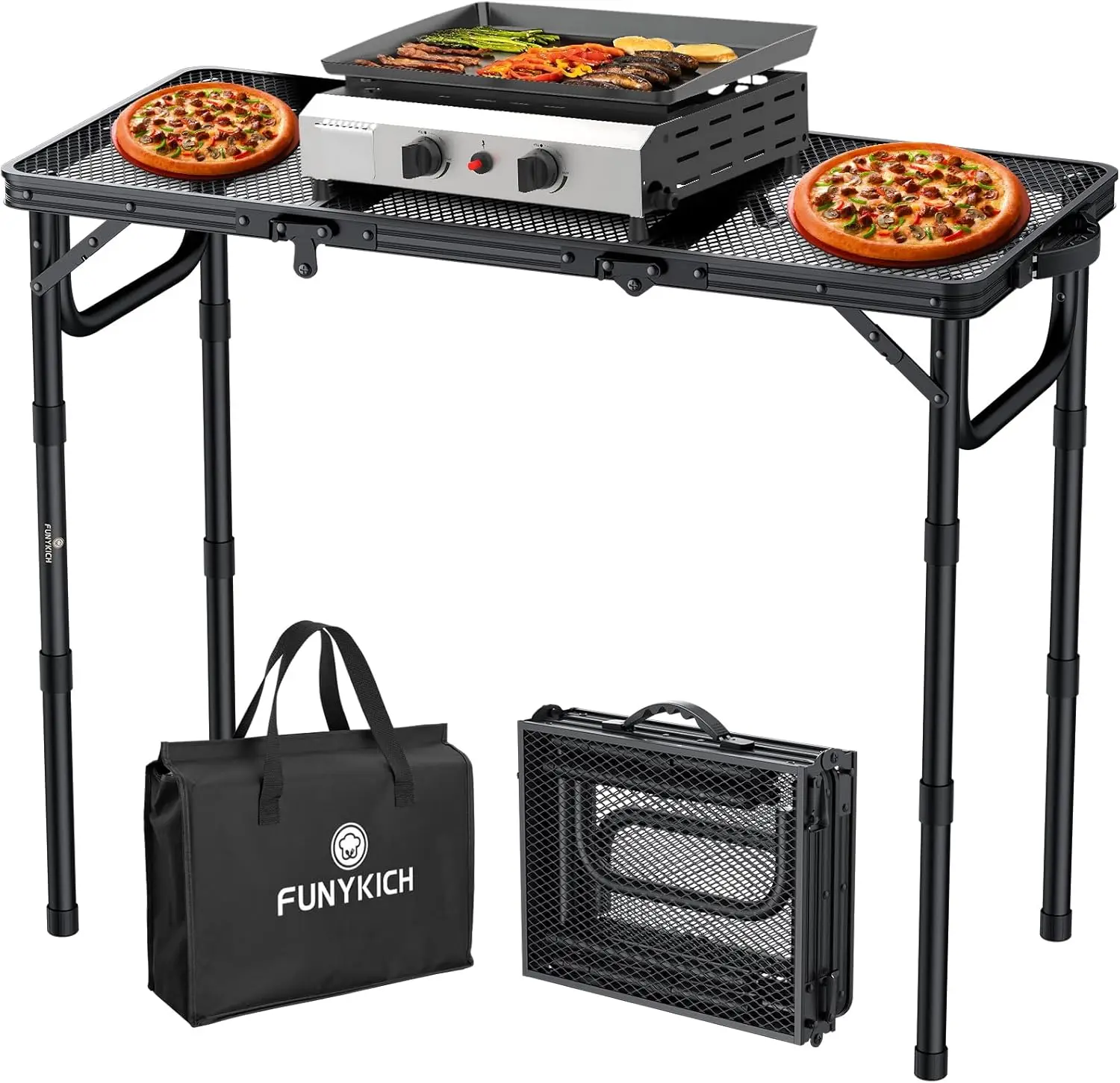 

FUNYKICH Tragbarer Grilltisch 87 x 40cm,Campingtisch Outdoor Klappbar mit 3 Höhen(26/48/70cm) Klapptisch mit Mesh Desktop